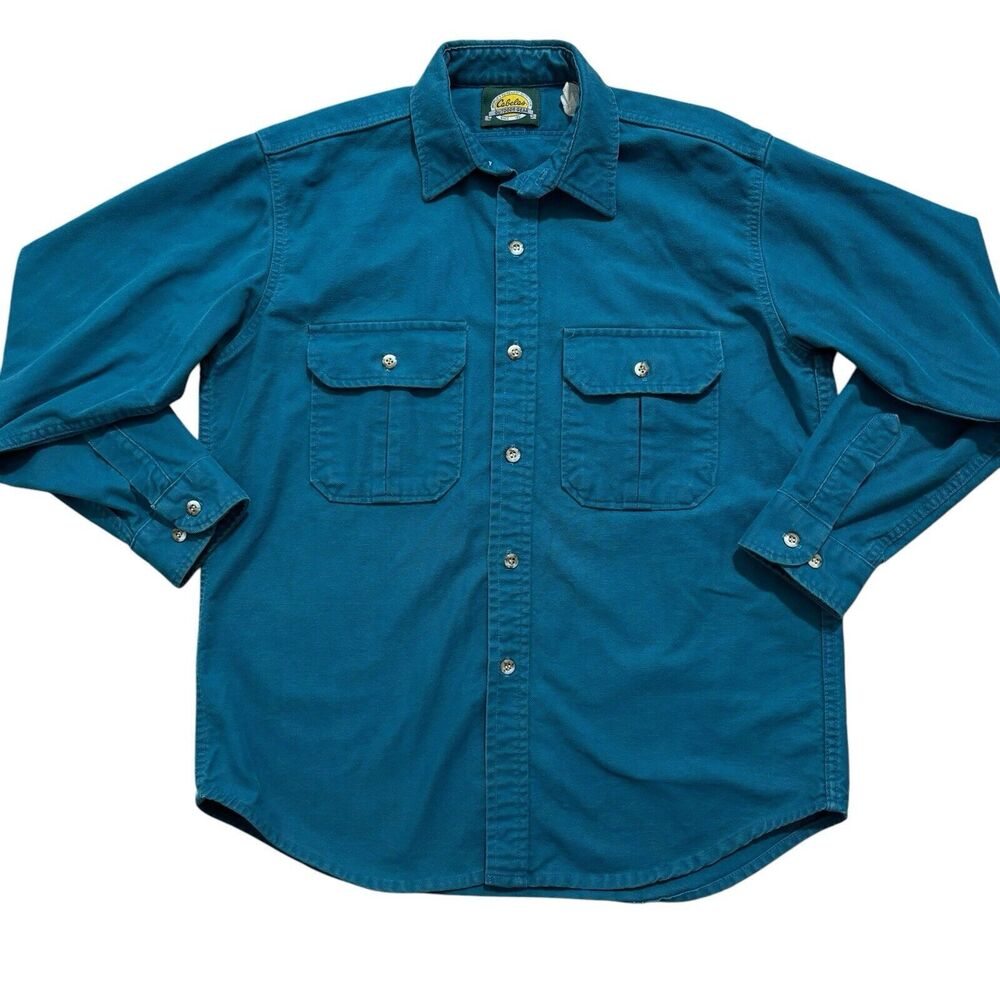 Cabelas Mens Large Blue Heavyweight Flannel Shirt Button Front Workwear READ